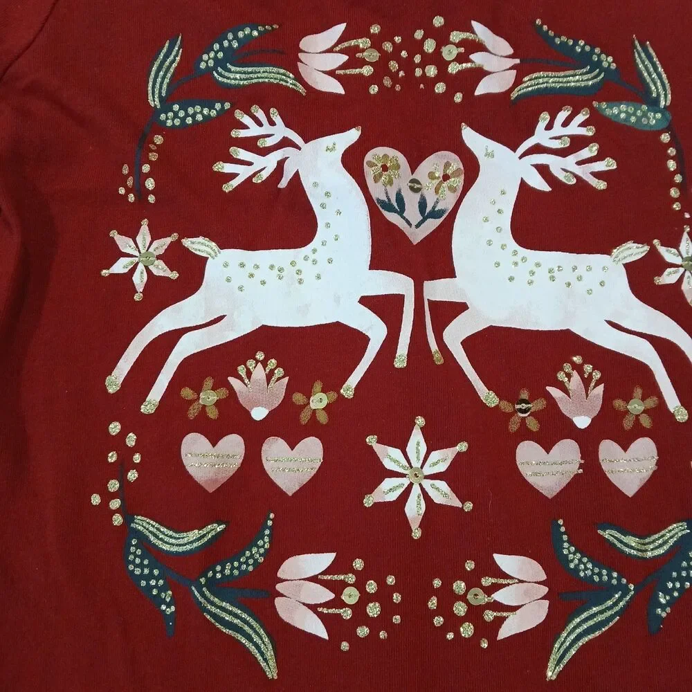 GIRLS CARTER'S 5 DARK RED L/S REINDEER HOLIDAY HEART FLORAL GOLD GLITTER TOP